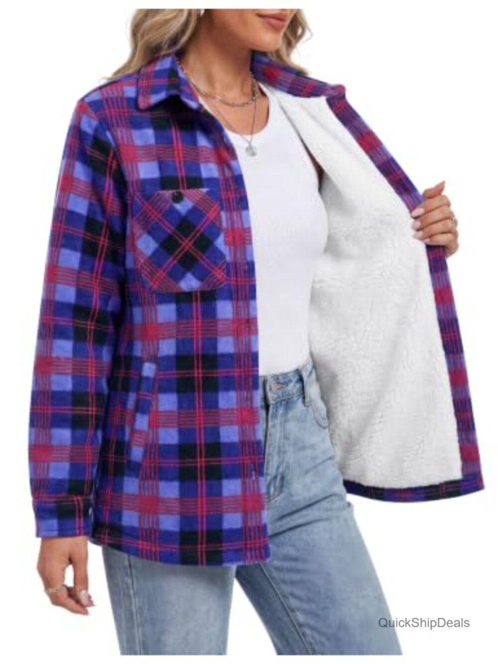 Women's Flannel Plaid Shirt Jacket Sherpa Fleece Lined with Pockets